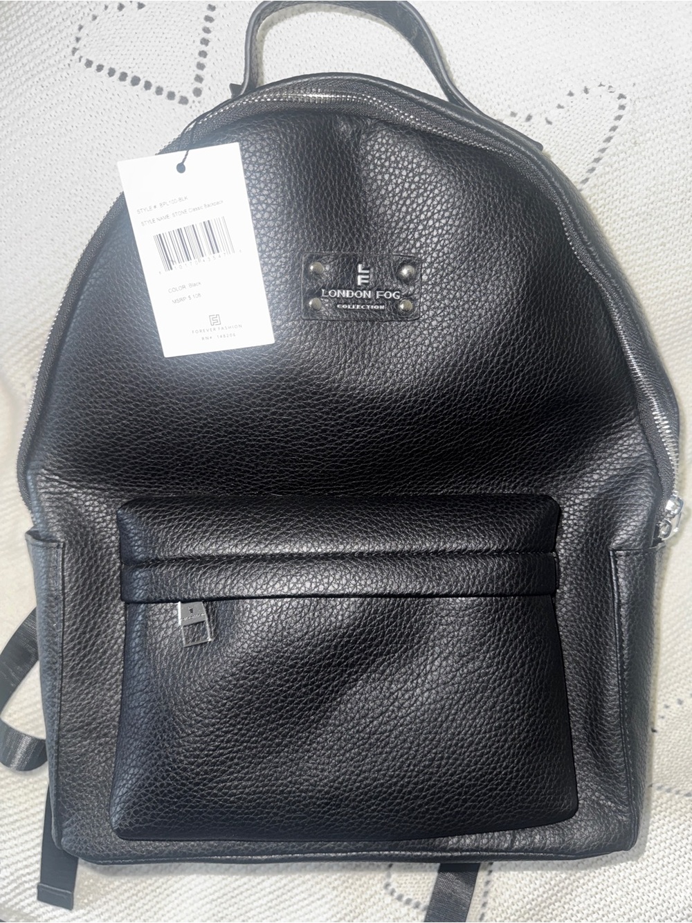 London Fog Black Pebbled Leather Backpack with Front Zip Pocket